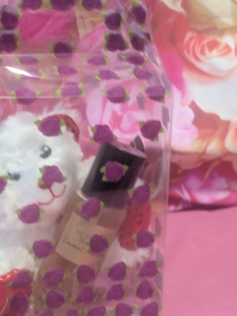 Plush Gift Bag with Purple Rose Print and Perfume Bottle